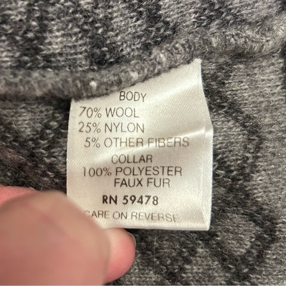 A.Ida Long Cardigan Sweater Diamond Pattern Faux Fur Collar Wool Blend - Picture 9 of 10